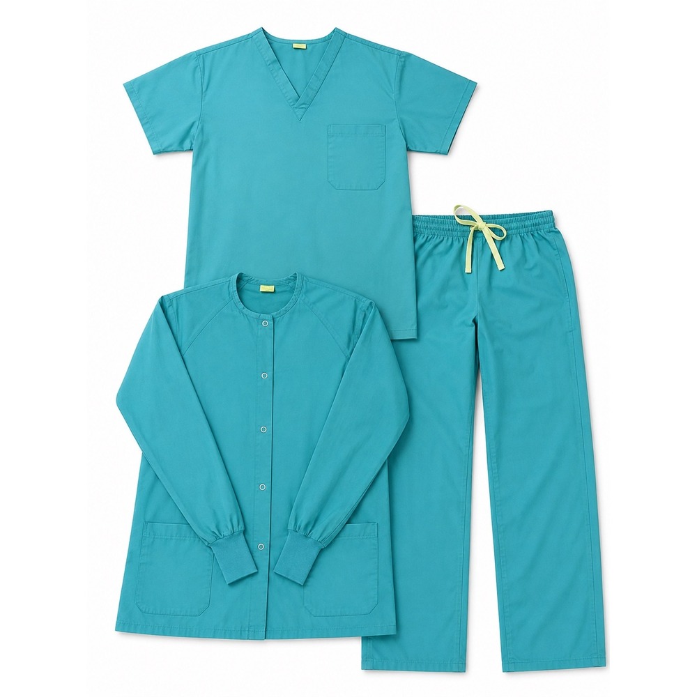 Fashion Seal Healthcare 3pc Scrub Set Teal V-Neck Top Jacket Pants Small 8720